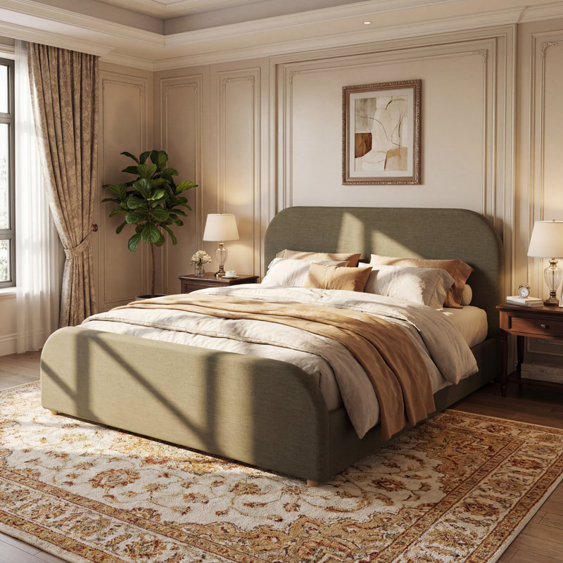 Platform Bed With Curved Linen Blend Upholstered Headboard And Solid Wood Legs, King, Green