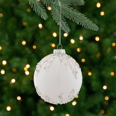 4" White and Silver Sequins Christmas Glass Ball Ornament