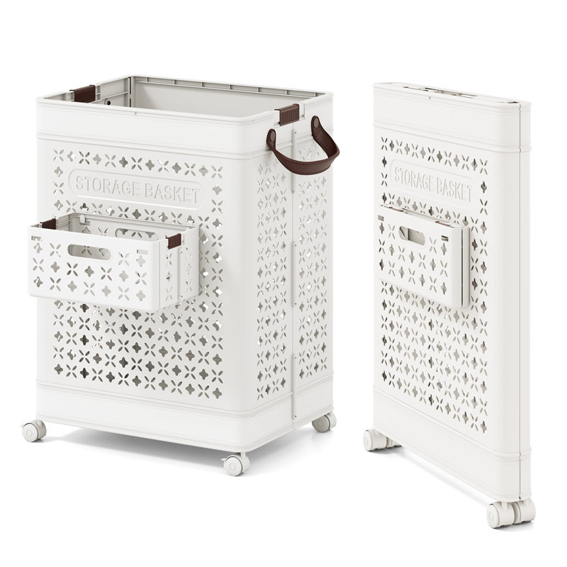 Rolling Laundry Hamper With Side Basket, Plastic Collapsible Laundry Basket With Lockable Wheels And Handles, Foldable Storage Basket Organizer, (White)