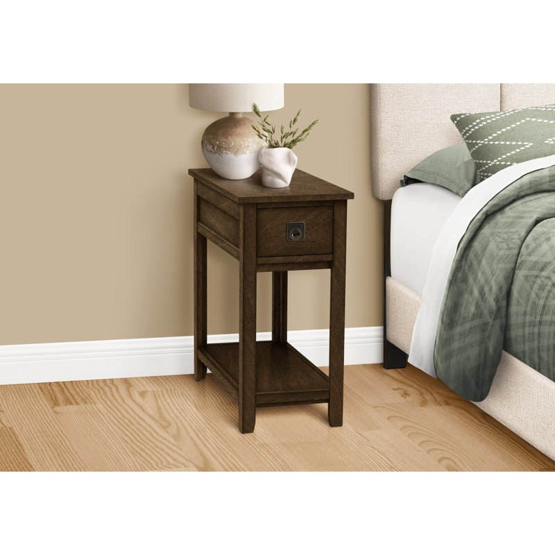 Table d'appoint transitionnelle, étroite avec tiroir, table de rangement pour la chambre à coucher, brun, options de rangement latéral