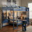 Lit mezzanine double, structure en bois, avec bureau rétractable, bibliothèque, canapé et lampe, style minimaliste, lit tout en un, bleu-546006577