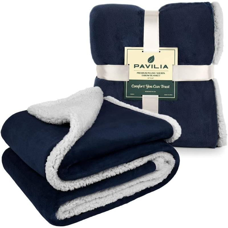 Navy Blue Sherpa Fleece Reversible Throw Blanket