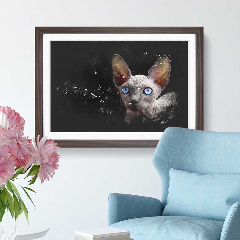 Blue Eyed Sphynx Cat - Single Picture Frame Painting on MDF, 45cm H x 63cm W x 2cm D, Walnut Framed