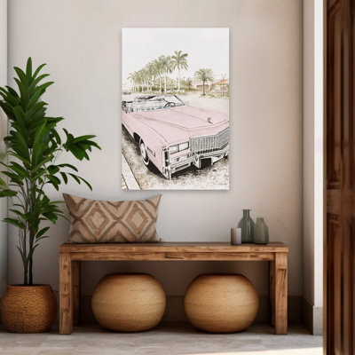«Coastal Cruisin '- Tropical Vintage, rose classique, Cadillac, palmiers, journée ensoleillée, art