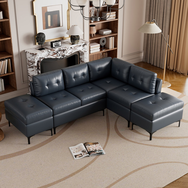 Canapé modulaire en L de 94,88 po avec canapé de coin en cuir et poufs de rangement mobiles pour le salon