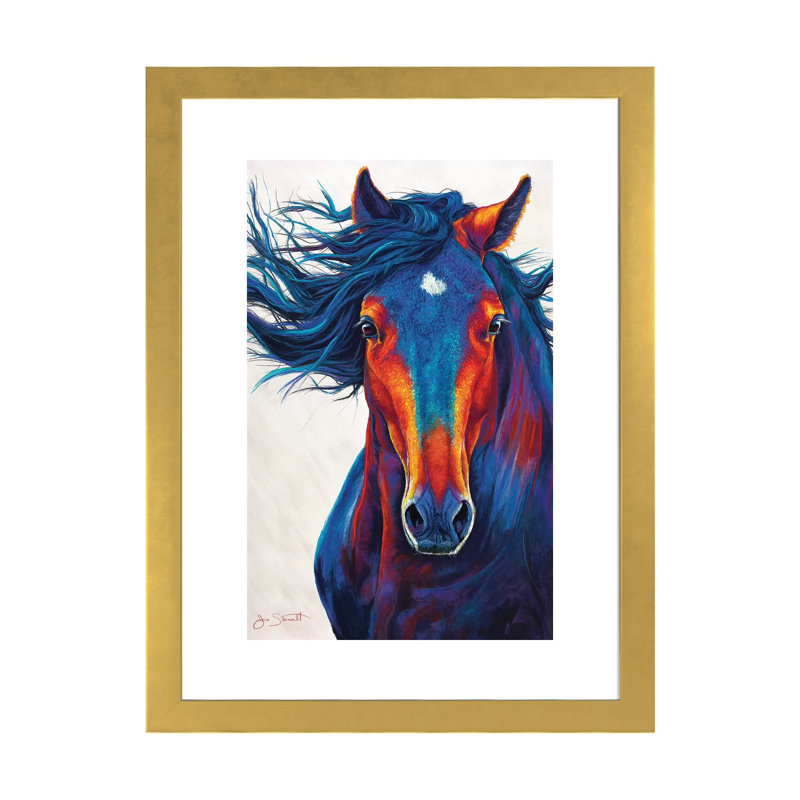 «Wild Horse» par Jen Starwalt - impression d'art graphique, H 32 po x l 24 po x P 1 po, Papier encadré doré