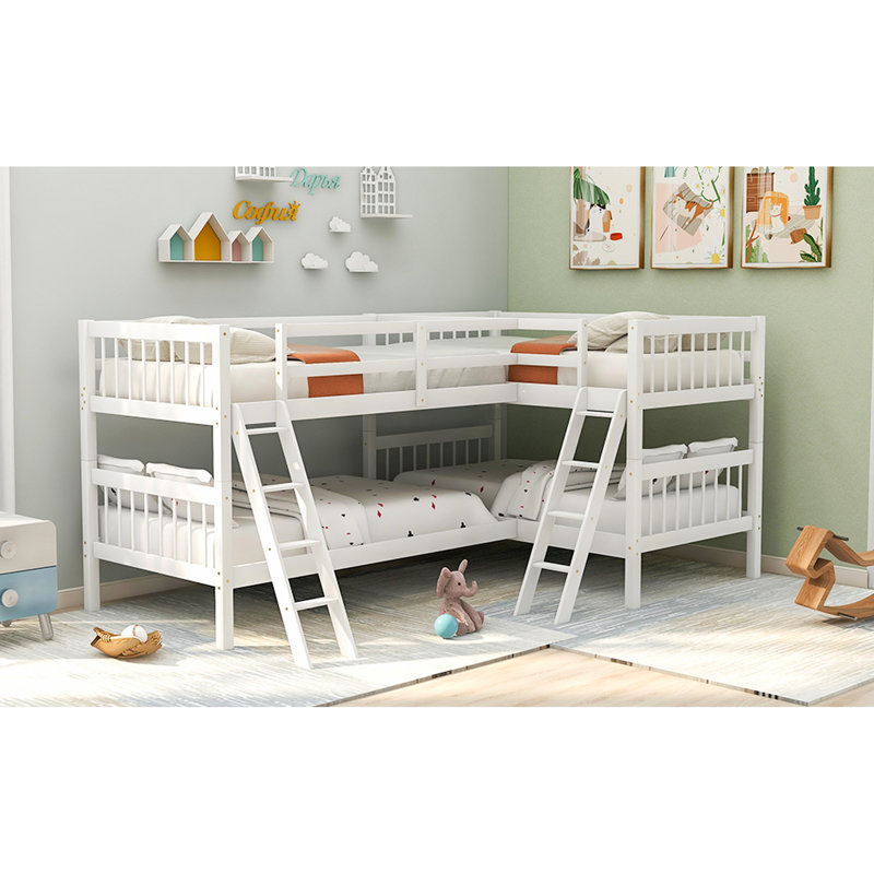 Lit superposé en L blanc, simple, fabriqué en bois massif pour une chambre à coucher confortable, Blanc