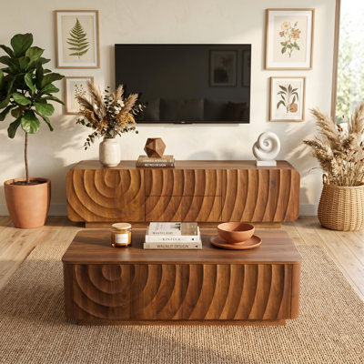 58" Water Wave TV Stand & Coffee Table Set With Storage, Modern Spiral Texture Media Console & Centre Table, MDF Living Room Furniture (Walnut Brown / Black)