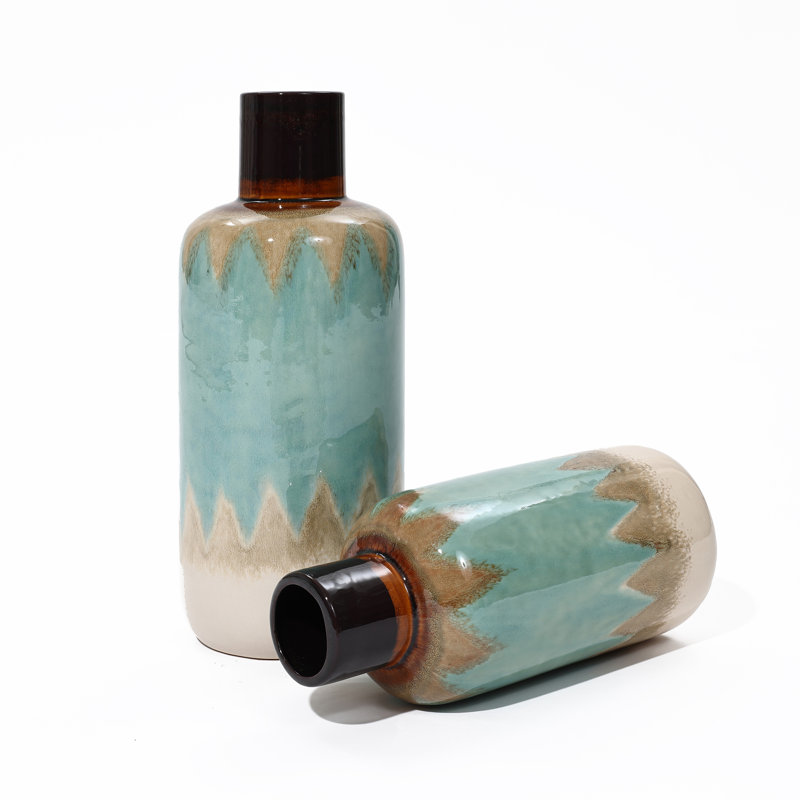 Questview Modern Ceramic Table Vase Set of 2, Blue Brown and White Decorative Glazed Vase