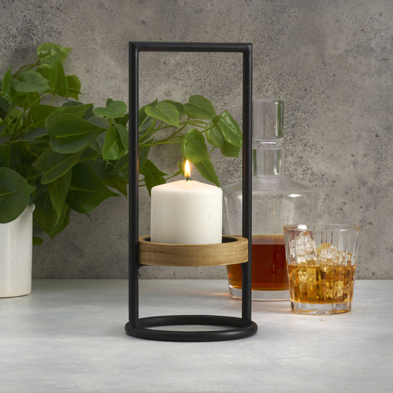 Black Metal and Natural Wood Tabletop Tealight Candle Holder