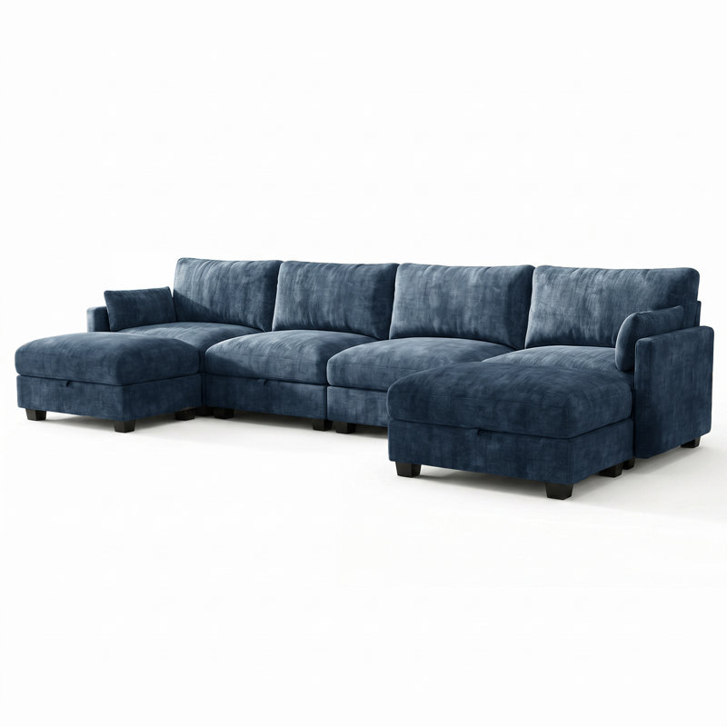 Canapé modulaire modulaire pour salon, canapé confortable avec sièges de rangement et repose-pieds, Bleu