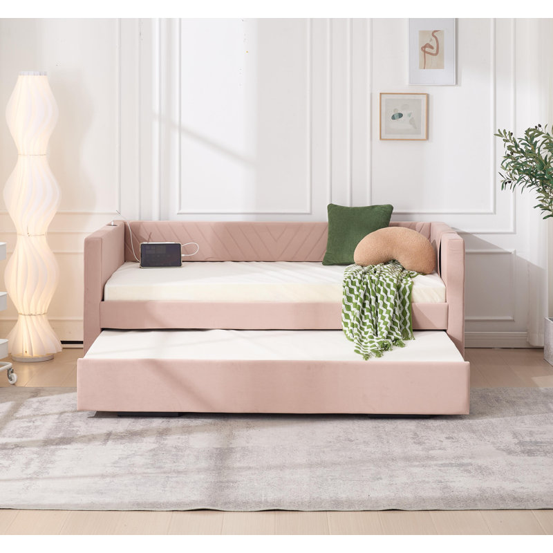 Twin Size Upholstered Daybed With Trundle,USB Port ,Side Pockets, Modern V-Grained Backrest Design,No Box Spring Needed, For Bedroom, Guest Room ( Pink, Twin)