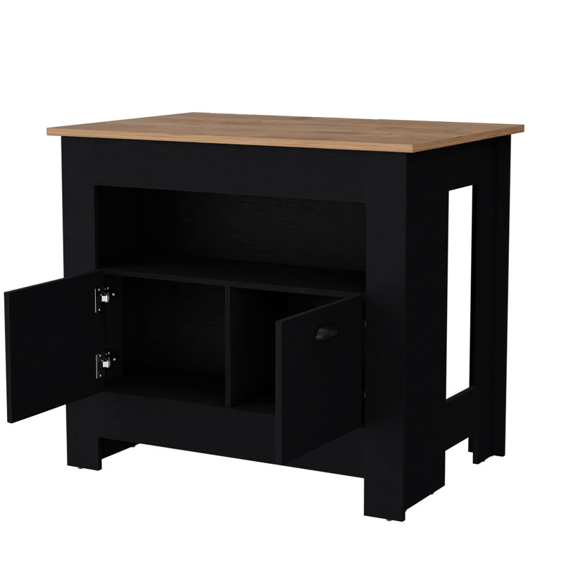 Îlot de cuisine noir à 2 portes - 3 tablettes pour un espace de travail organisé avec des ustensiles de cuisine généreux