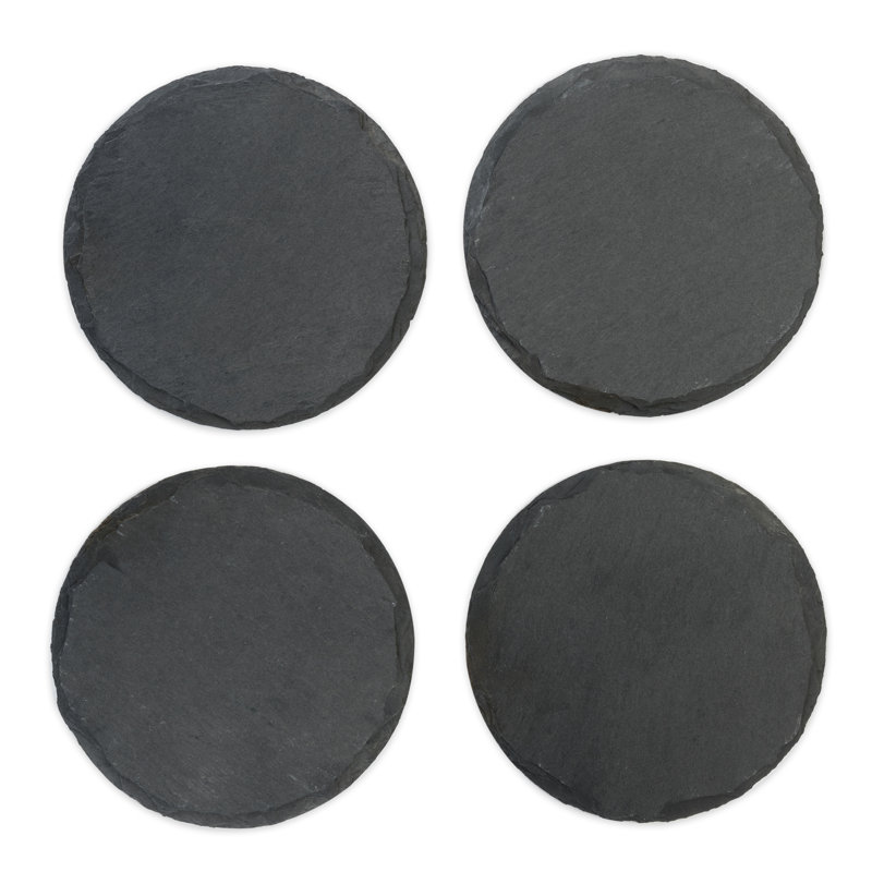 Black Slate Round Coasters with Velvet Backing, Set of 4