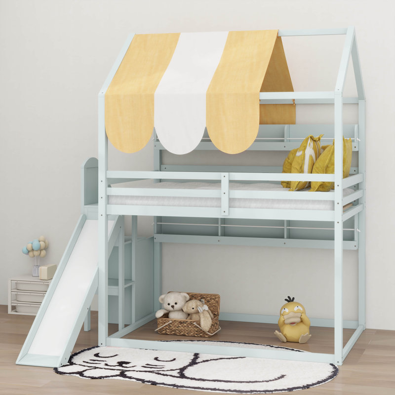 Full Size House Loft Bed With Canopy & Slide, Built-In Bookshelves, Playhouse Loft Bed With Storage, Light Green