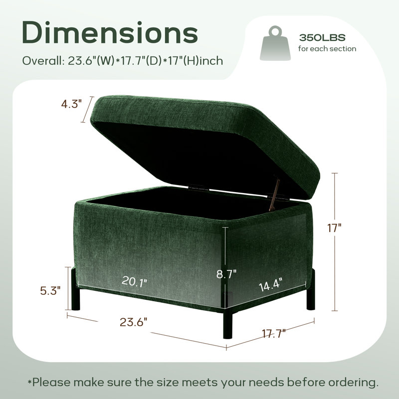 23.6" W Rectangle Upholstered Storage Ottoman, Green