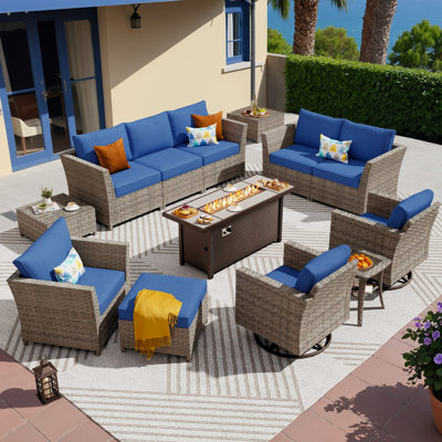 9 - Person Mostly No Assembly Required Patio Furniture Set With Swivel Rocker, Outdoor Wicker Rattan Sectional Seating Group With Cushions, All Weather Sofa Conversation Set With Fire Pit Table For Garden Backyard