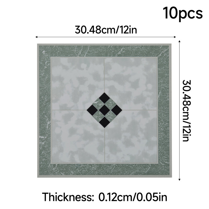 10Pcs Self-adhesive PVC Flooring Tiles Set, Green/Grey, Mosaic