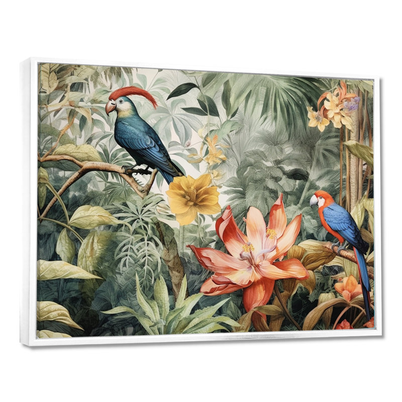 Perroquet au paradis II - Art encadré, H 30 po x l 40 po x P 1,5 po, White Floater Framed