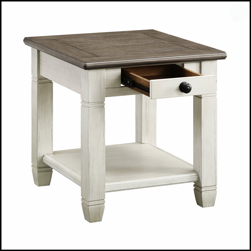 Table de bout Rosy brun et blanc antique avec tiroir et tablette inférieure, mobilier de salon en bois durable