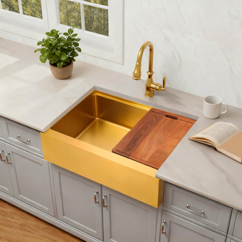  36" L x 22" W Workstation Gold Farmhouse Apron Front Kitchen Sink Undermount 16 Gauge Stainless Steel Single Bowl With Accessories