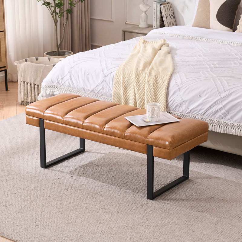 Laytona 46.5"W Tufted Bedroom Bench Entryway Bench with Metal Legs, Black, Camel