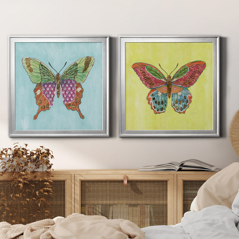 «Butterfly On Blue», reproduction de cadre photo sur toile 2 pièces, Argent, H 22,5 po x l 45 po x P 1,5 po
