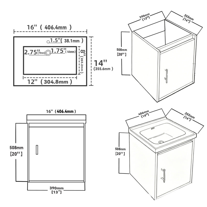 Meuble-lavabo flottant 16 po avec lavabo, porte en céramique, contreplaqué, noir 16 po, Noir, 16" W