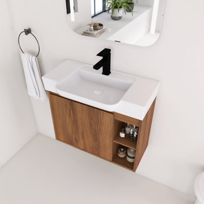 Meuble-lavabo mural 28 po avec lavabo en céramique blanche et porte à fermeture en douceur