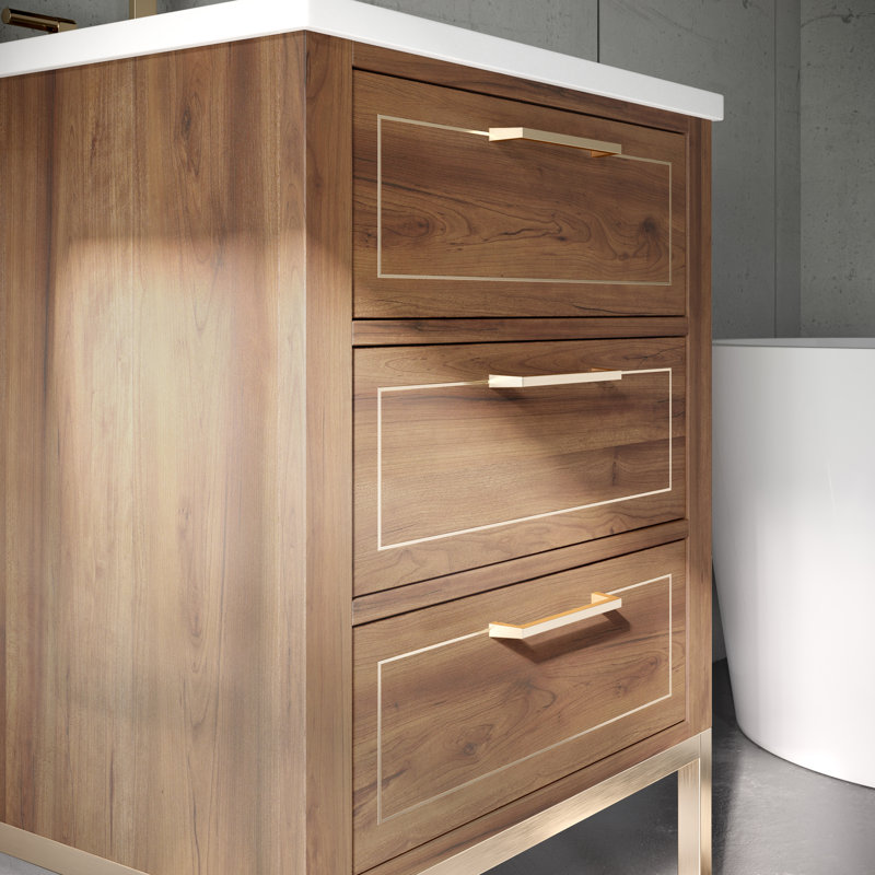 Markham 24'' W Single Vanity, White Quartz, Satin Brass, Walnut
