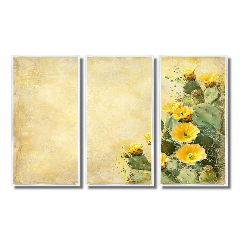Lueur dorée du champ de cactus II - ensemble d'art mural floral cactus, H 40 po x l 60 po, Reproduction avec cadre flottant