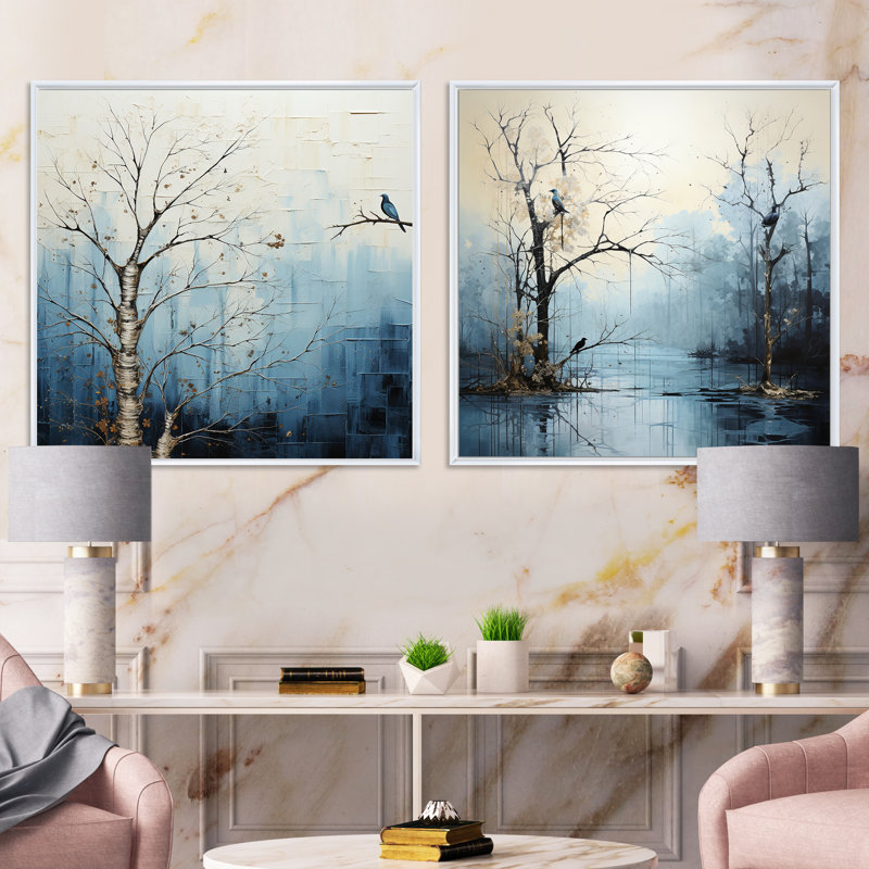Minimalisme, arbre bleu, charme III - arbres, ensemble de 2 collages carrés, Cadre flottant blanc, H 16 po x l 33 po
