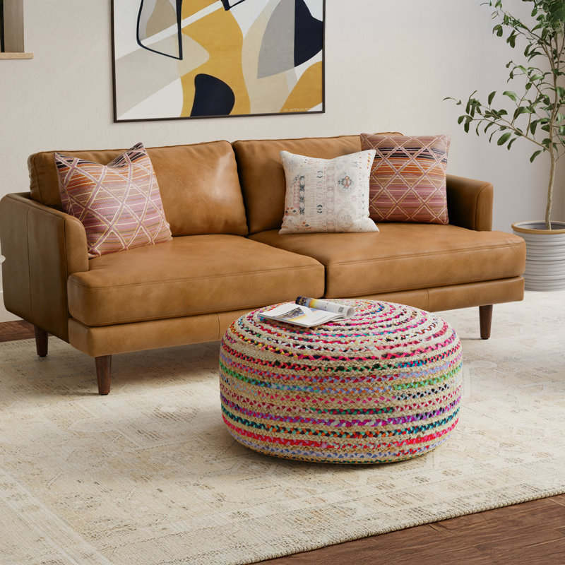 Pouf rond en jute et coton tissé à la main avec motif tourbillon 30 po Margo, Multi-couleur, H 14 po x l 30 po x P 30 po