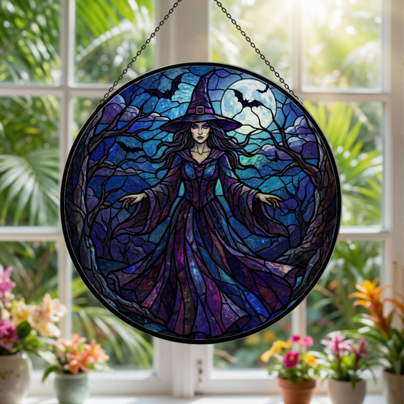 12"H Witch Night Stained Glass Window Panel