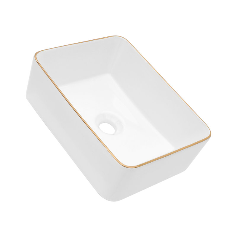 16 x 12 Inch White Ceramic Rectangular Vessel Sink with Gold Rim