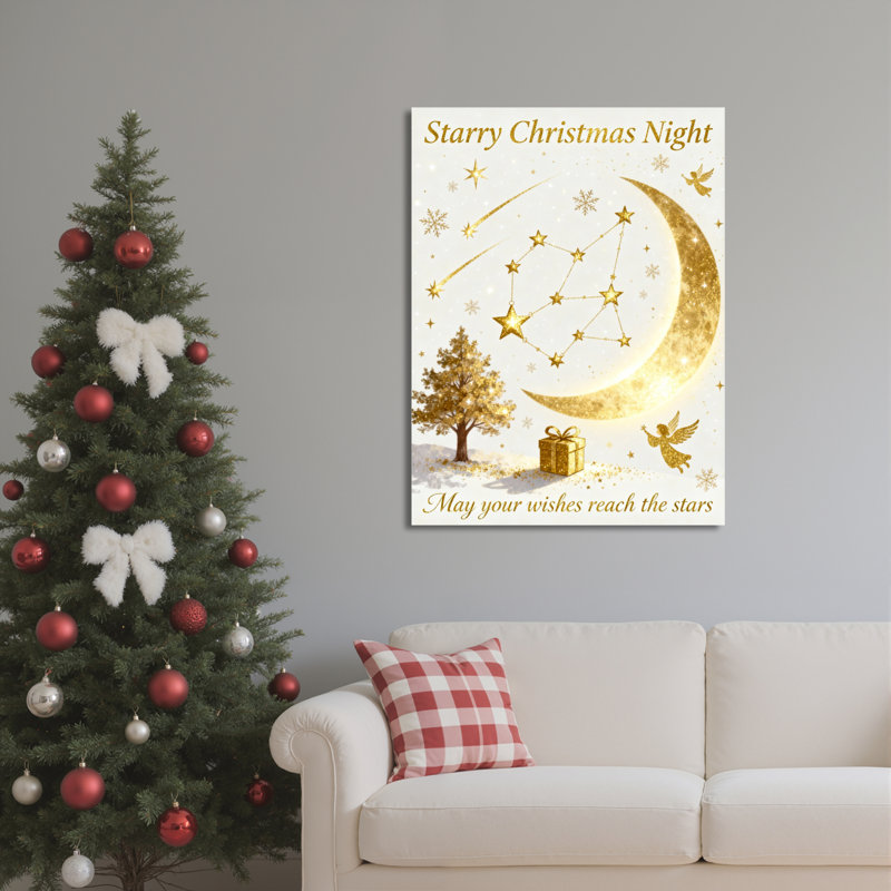 Ensemble de 1 tableau sur toile tendue « Nuit de Noël étoilée, lune dorée et sapin », H 36 po x l 24 po