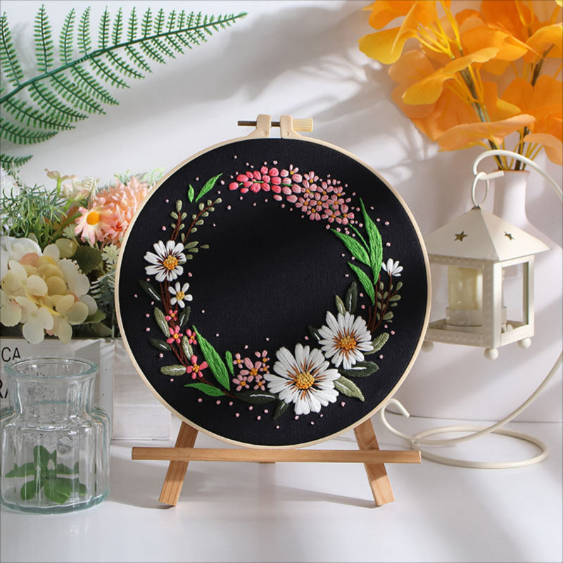 3 pièces / ensemble de matériel de bricolage, ensemble de bricolage, motif de fleurs, point de croix, peinture de table, photo suspendue avec cercle 11,7 po, A5