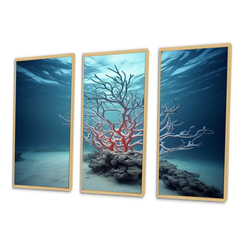 «Pink Branching Coral Serenity - Coastal Coral Under Water», ensemble d'art sur toile, Cadre naturel flottant