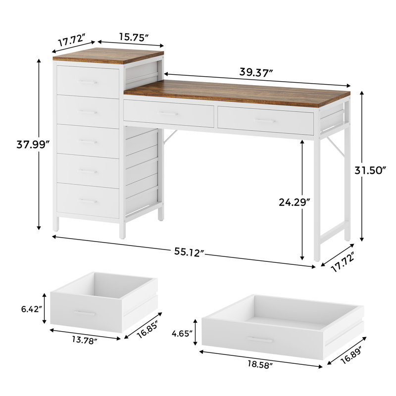 Kavayah 55.12'' W Reversible Writing Study Computer Desk With Drawers, Makeup Vanity Desk, Brown
