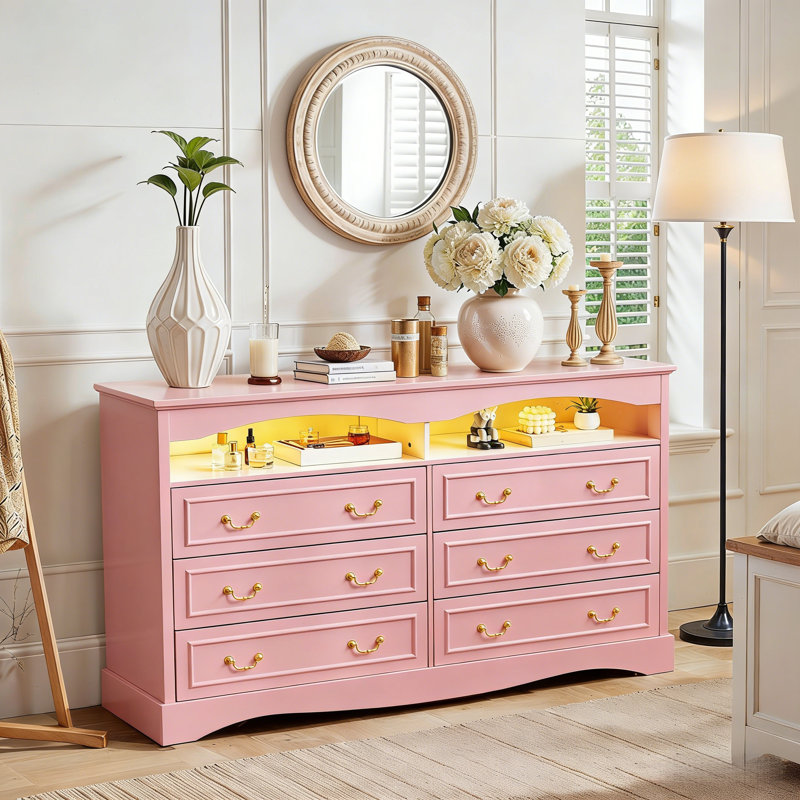 Commode à 6 tiroirs de 55,12 po de largeur, commode double large avec éclairage, commode de rangement en bois de style campagnard rétro, commode de style campagne française pour chambre à coucher, meuble télé pour salon