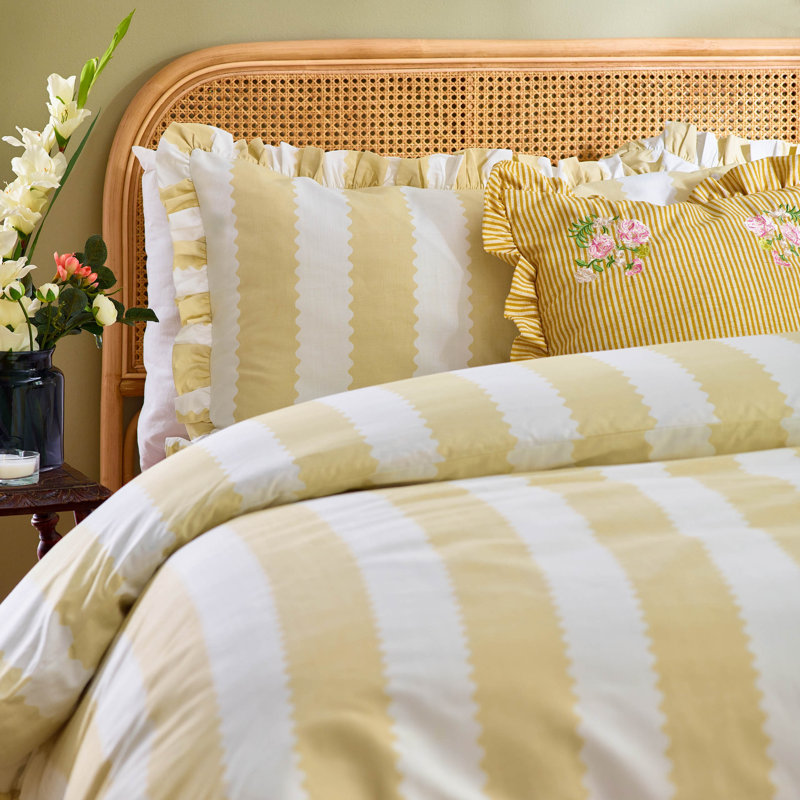 Birdie Stripe Cotton Blend Striped Duvet Cover Set with Pillowcases, Butter Yellow