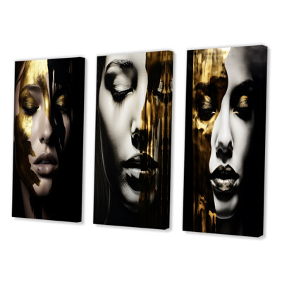 «Glam Sensuality Woman Portrait Black Gold III», 3 pièces sur toile