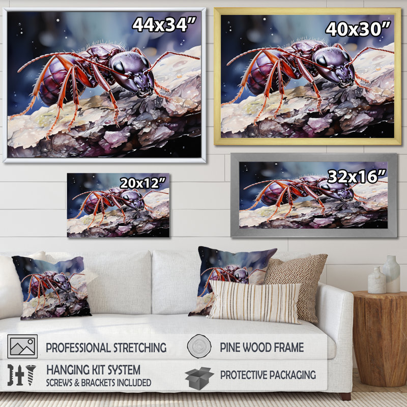 «Enchanted Microcosm Amethyst Ant» sur toile, H 16 po x l 32 po x P 1 po, Cadre flottant doré