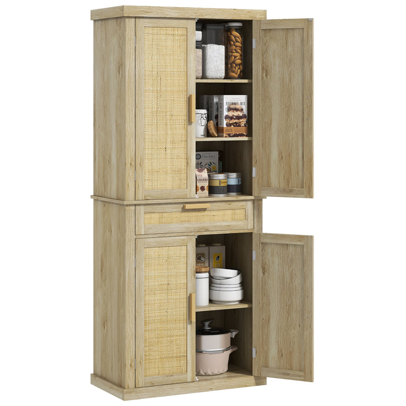 Armoire de rangement pour garde-manger de 72 po de hauteur avec portes en rotin et tiroir, Chêne, Chêne