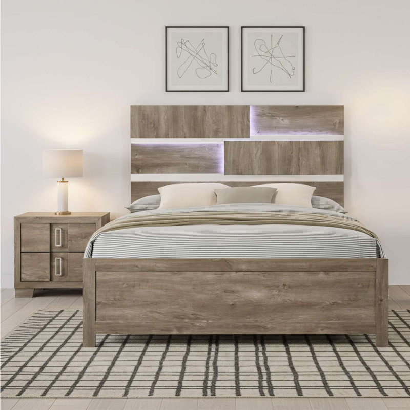 Ensemble de chambre à coucher grand lit avec tête de lit à DEL et table de chevet au fini bois naturel, Queen