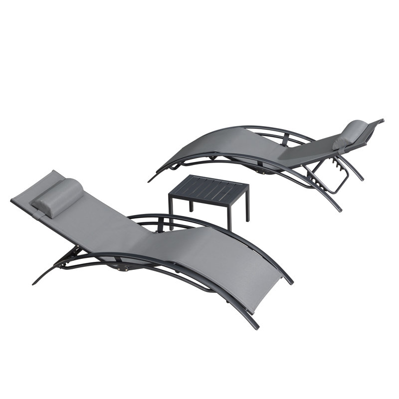 2-Piece Foldable "S"-Shaped Reclining Chaise Lounge Set With Table (Set of 2), Gray, 31.50" H x 25.20" W x 69.30" D
