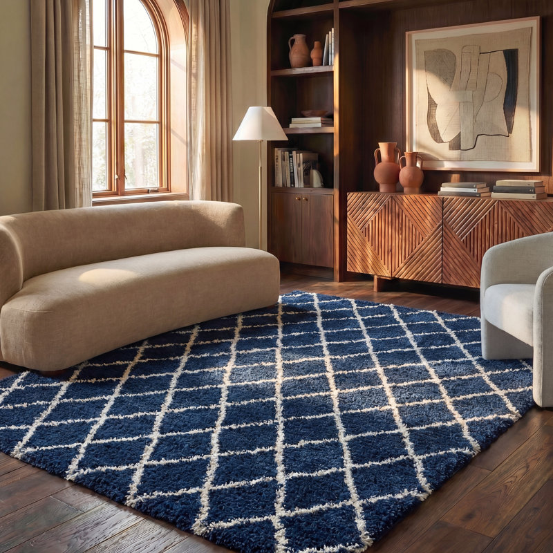 Audwen Geometric White/Navy Area Rug, Square 7'