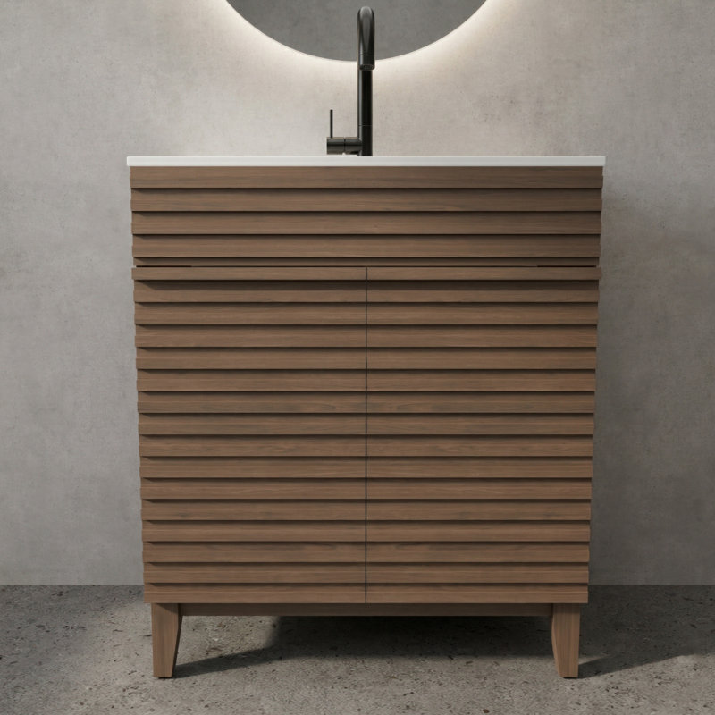 30-Inch Brown Bathroom Vanity With Louvered Doors And Sink Combo