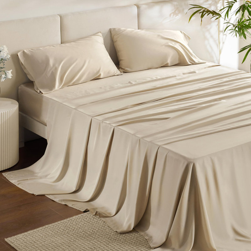 Ensemble de draps en rayonne de bambou Essential Collection, Ensemble de draps pour lit simple avec 1 taie d'or, Beige