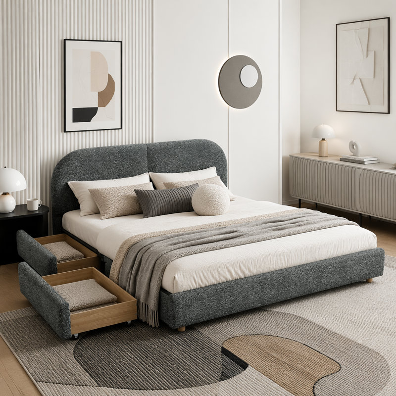 Grand lit plateforme tapissier avec tête de lit courbée et 4 tiroirs de rangement, Gris foncé